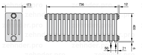 Схема (чертеж) Радиатор Zehnder Charleston 5040/16 №5510 Белый глянцевый RAL 9016